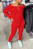 Red Fashion Casual Solid Basic O Neck Long Sleeve Two Pieces