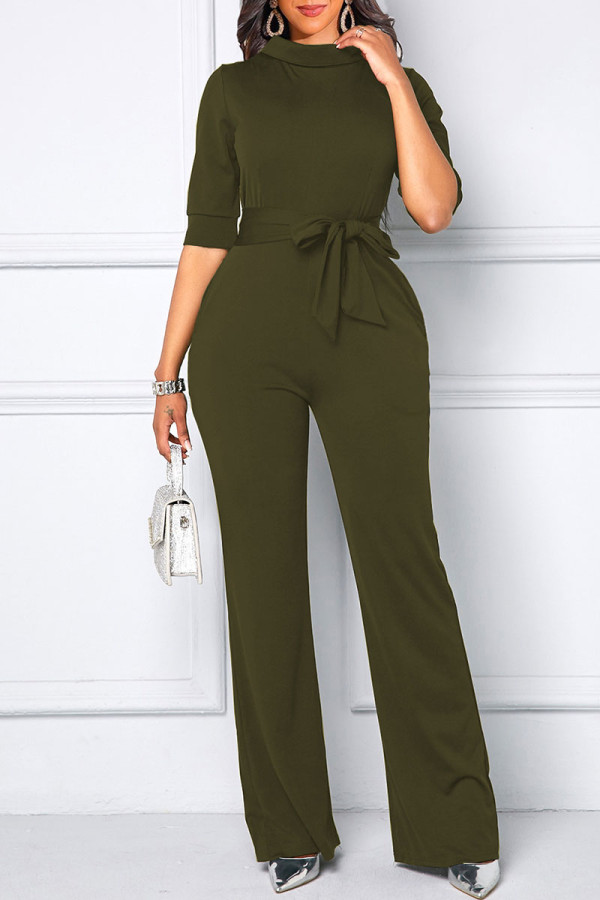Army Green Casual Solid Patchwork With Belt Half A Turtleneck Straight Jumpsuits