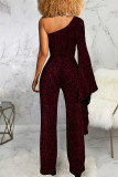 Blue Sexy Solid Patchwork Asymmetrical Oblique Collar Straight Jumpsuits