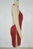 Red Fashion Sexy Patchwork Backless Slit Halter Sleeveless Dress