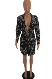 Black Fashion Casual Letter Print Basic Turndown Collar Long Sleeve Dresses