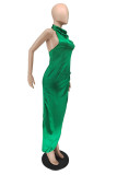 Green Fashion Sexy Solid Backless Halter Sleeveless Dress