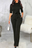 Deep Blue Casual Solid Patchwork With Belt Half A Turtleneck Straight Jumpsuits