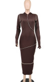 Coffee Casual Solid Split Joint Hooded Collar Pencil Skirt Dresses