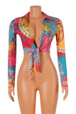 Pink Fashion Casual Print Bandage Turndown Collar Tops