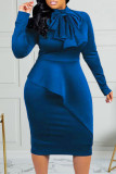 Green Fashion Casual Solid Split Joint With Bow Half A Turtleneck Long Sleeve Plus Size Dresses