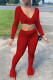 Red Fashion Casual Solid Basic V Neck Long Sleeve Two Pieces