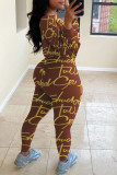 Orange Fashion Casual Print Basic O Neck Long Sleeve Two Pieces