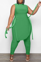 Green Fashion Casual Solid Bandage O Neck Plus Size Two Pieces
