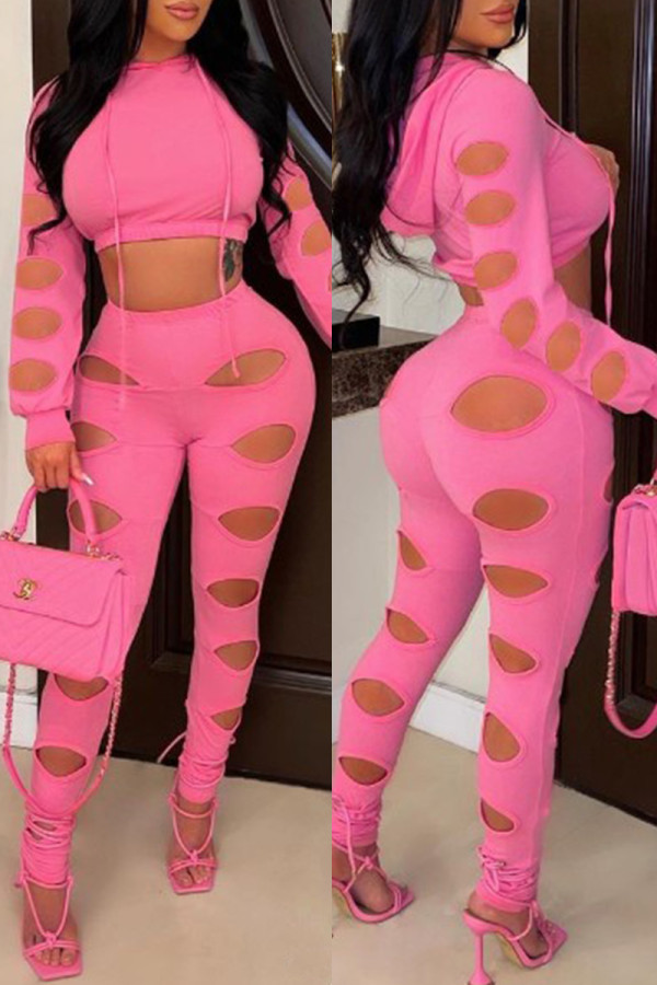Pink Fashion Casual Solid Ripped Hollowed Out Hooded Collar Long Sleeve Two Pieces