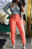 Orange Fashion Casual Solid Patchwork Fold Regular High Waist Trousers