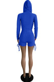 Blue Casual Sportswear Solid Draw String Frenulum Hooded Collar Long Sleeve Two Pieces