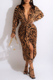 Brown Casual Print Patchwork Buckle With Belt Turndown Collar Shirt Dress Dresses