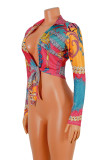 Pink Fashion Casual Print Bandage Turndown Collar Tops