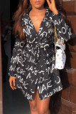 Black Fashion Casual Letter Print Basic Turndown Collar Long Sleeve Dresses