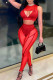 Red Sexy Solid Hollowed Out Patchwork See-through O Neck Sleeveless Two Pieces