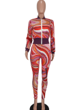 Tangerine Red Sexy Print Patchwork Zipper Collar Long Sleeve Two Pieces