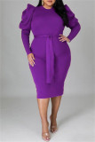 Burgundy Fashion Casual Solid With Belt O Neck Long Sleeve Plus Size Dresses