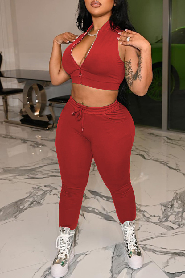 Red Casual Sportswear Solid Vests Pants Zipper Collar Sleeveless Two Pieces