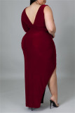 Burgundy Fashion Casual Solid Hollowed Out Slit V Neck Long Sleeve Plus Size Dresses