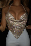 Gold Sexy Solid Patchwork Frenulum Backless Asymmetrical Hot Drill V Neck Tops