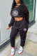 Black Fashion Casual Print Letter V Neck Long Sleeve Two Pieces