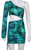 Green Sexy Print Hollowed Out Patchwork Draw String Frenulum Fold Oblique Collar One Step Skirt Dresses