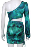 Green Sexy Print Hollowed Out Patchwork Draw String Frenulum Fold Oblique Collar One Step Skirt Dresses