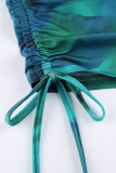 Green Sexy Print Hollowed Out Patchwork Draw String Frenulum Fold Oblique Collar One Step Skirt Dresses