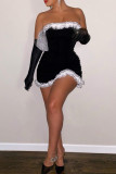 Black Fashion Sexy Solid Patchwork Backless Strapless Evening Dress (Without Gloves)