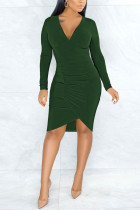 Army Green Sexy Solid Split Joint V Neck Pencil Skirt Dresses