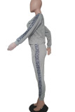 Grey Casual Print Patchwork O Neck Long Sleeve Two Pieces