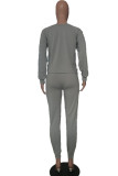 Grey Casual Print Patchwork O Neck Long Sleeve Two Pieces