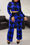 Blue Fashion Casual Print Basic O Neck Long Sleeve Two Pieces