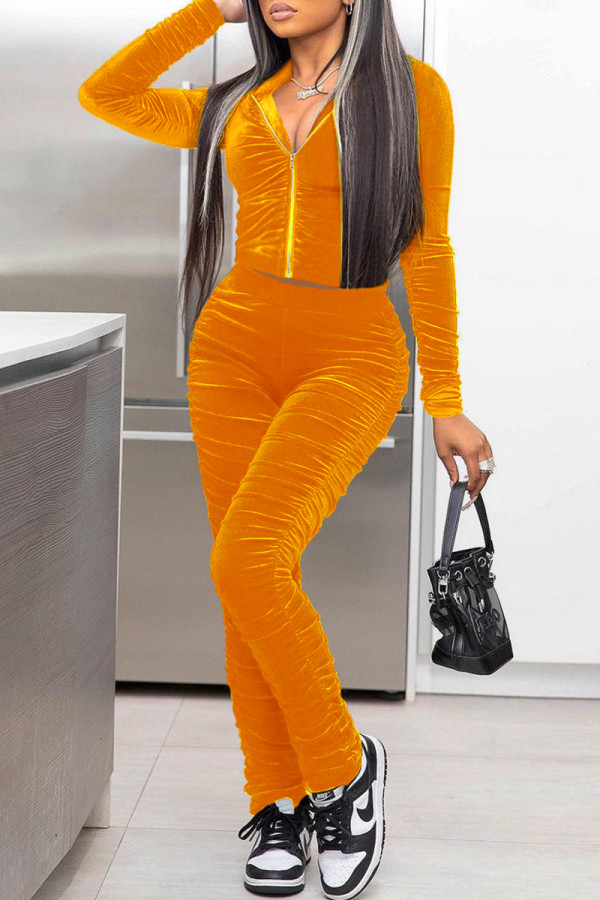 Orange Yellow Fashion Casual Solid Fold Hooded Collar Long Sleeve Two Pieces