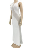 White Sexy Solid Patchwork See-through Hot Drill O Neck Straight Dresses