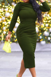 Green Casual Elegant Solid Split Joint Slit Fold O Neck One Step Skirt Dresses