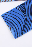 Blue Sexy Print Hollowed Out Patchwork Asymmetrical V Neck Long Sleeve Two Pieces