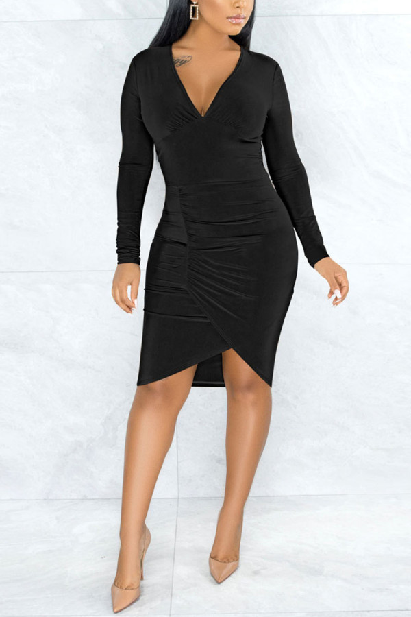 Black Sexy Solid Patchwork V Neck Pencil Skirt Dresses