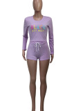 Purple Casual Print Patchwork O Neck Long Sleeve Two Pieces
