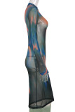 Multicolor Sexy Print Patchwork See-through O Neck One Step Skirt Dresses