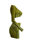 Yellow Gradual Change Print Polka Dot Patchwork See-through O Neck Long Sleeve Two Pieces