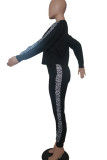 Grey Casual Print Patchwork O Neck Long Sleeve Two Pieces