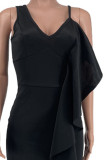 Black Sexy Solid Split Joint Flounce Slit V Neck Irregular Dress Dresses