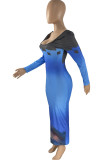 Blue Fashion Sexy Print Backless U Neck Long Sleeve Dresses