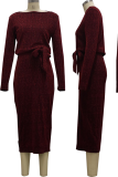 Burgundy Casual Solid Split Joint Off the Shoulder Waist Skirt Dresses