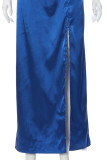 Blue Sexy Solid Patchwork Backless Slit Fold Spaghetti Strap Straight Dresses