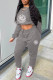 Grey Fashion Casual Print Letter V Neck Long Sleeve Two Pieces