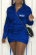 Blue Fashion Sexy Print Draw String Turndown Collar One Step Skirt Dresses