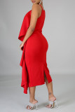Red Sexy Solid Split Joint Flounce Slit V Neck Irregular Dress Dresses